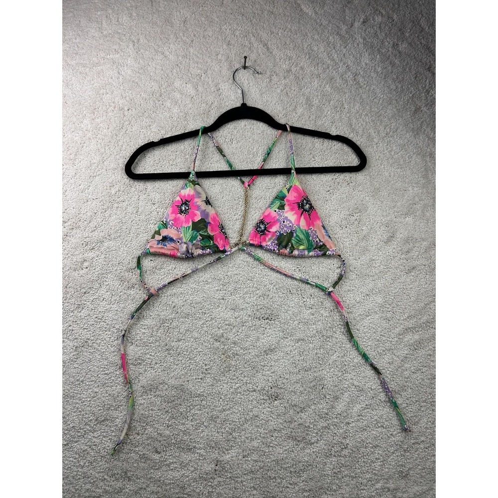Victoria's Secret Bikini Top Womens Small Floral Gold Chain Triangle Swim‎ Beach